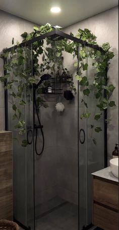 a shower with plants growing on the side of it and a sink in front of it