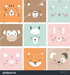 a set of nine cute animal faces in pastel colors, each with different facial expressions