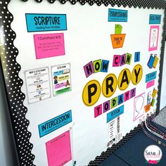 a bulletin board with words and pictures on it that say how can i pray today?