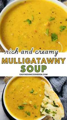 two bowls filled with creamy mulligatawny soup