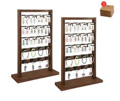 two wooden racks with jewelry hanging on them