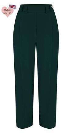 Our late 1940s and 50s-inspired Tapered Trousers with elegant front pleats, side pockets and a side zip fastened with a Corozo button are a versatile number that you can wear from work to the weekends. The tapered leg was incredibly popular in the 40s, with trousers and their practicality growing popular and widespread during this time. Crafted from stretchy twill and cut to sit high on the waist with 4 belt loops, you can accessorise with the perfect belt to flatter and cinch your waist. The sl Classic Taper, The 40s, Vintage Wardrobe, Tapered Trousers, Bottle Green, Tailored Trousers, Ankle Pants, Staple Pieces, Get The Look