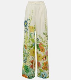 Floral high-rise wide-leg pants in white - Alemais | Mytheresa Floral Silk Shirt, Co Ords Outfits, Satin Pants, Silk Pants, Printed Linen, Silk Shirt, Bottoms Pants, Leg Pants, Designing Women