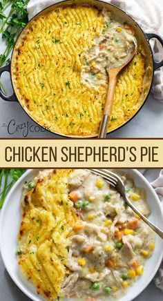 Chicken Shepherd's pie in a skillet on and also on a plate with a mix of vegetables Dinner Idea With Chicken, Chicken Shepherd's Pie, Chicken Mashed Potatoes, Potato Dinner, With Mashed Potatoes, Mashed Potato Recipes, Cottage Pie, Chicken Pot Pie Recipes