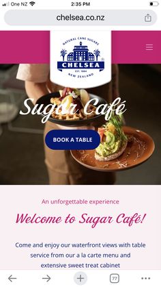 the website for chelsea cafe, which is open to customers and has an image of a person holding a plate with food on it