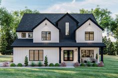 a white and black house with lots of windows on the front porch is shown in an artist's rendering