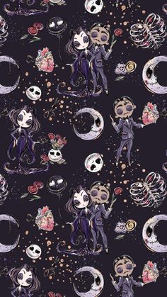 an image of skeletons and flowers on a black background