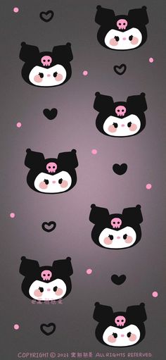 an image of pandas with hearts on the wall in pink and black colors, as well as other images