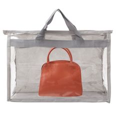 a clear bag with an orange handbag in it's front pocket and the bottom section