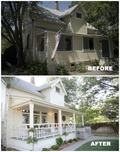 before and after photos of a white house with an american flag on the front porch