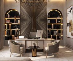 an office with two chairs, a desk and a laptop on the table in front of a bookshelf