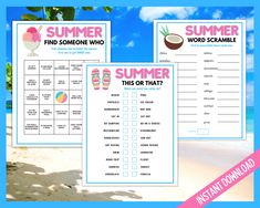 two printable summer word scrambles on the beach