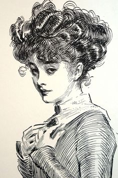 a black and white drawing of a woman with curly hair