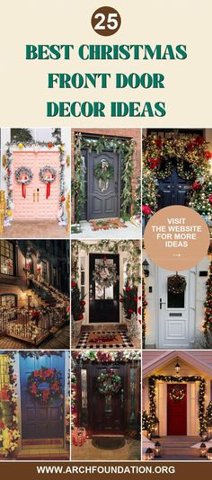 christmas front door decor ideas with the words 25 best christmas front door decorations on it