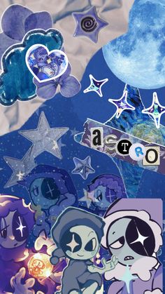 an image of some cartoon characters in the sky with stars and moon behind them,