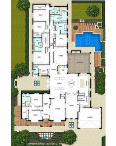 an aerial view of the floor plan for a house with swimming pool and hot tub