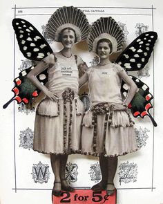 two women standing next to each other with butterflies on their wings