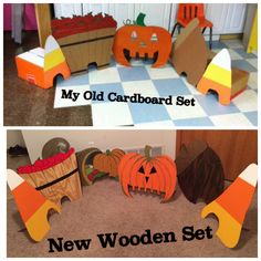 two pictures of pumpkins, cornucons and other decorations on the floor with words that say my old cardboard set new wooden set