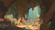 an animated scene of a cave with lots of rocks and trees in the foreground