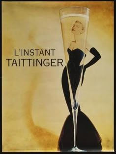 an advertisement with a woman holding a wine glass in it's hand and the words, instant tattinger