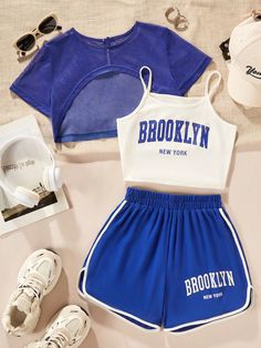 Multicolor Casual Collar   Letter  Embellished Slight Stretch  Tween Girls Clothing 11 Year Girl Outfits, Blue Cute Outfits, Adrette Outfits, Girls Streetwear, Casual Outfits For Teens, Streetwear Mode, Cute Dress Outfits