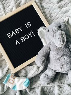 a baby is a boy sign next to a stuffed elephant and socks on a blanket