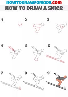 how to draw a skier in different poses and positions for children's drawing skills