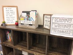 the bookshelf has several different types of writing on it