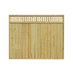 a wooden fence with lattices on the top and bottom panel, in front of a white