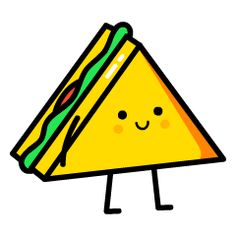 a yellow triangle with a sandwich on it's face and arms, standing in front of a white background