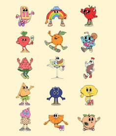 an assortment of cartoon characters are shown in this drawing style, with different colors and sizes