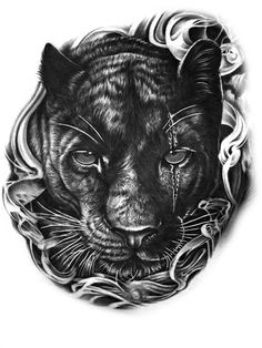 a black and white drawing of a tiger's face with ornate details around it