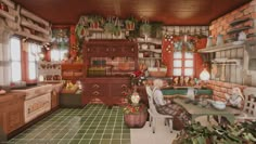 the kitchen is full of pots and pans on the stove top oven, sink, cabinets, and table