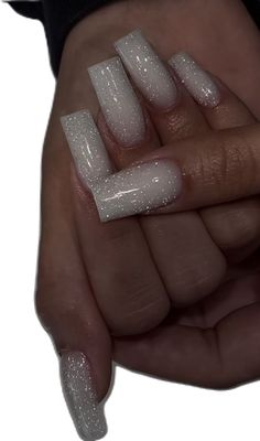 Paznokcie Hello Kitty, White Glitter Nails, Pretty Gel Nails, Sparkly Nails, Pink Acrylic Nails, Pretty Acrylic Nails