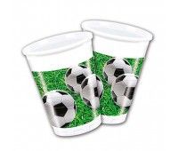 two plastic cups with soccer balls on them