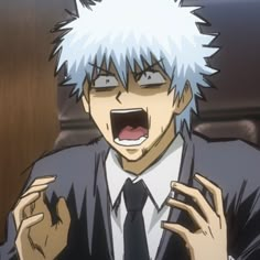 an anime character with his mouth open and hands in the air while wearing a tie