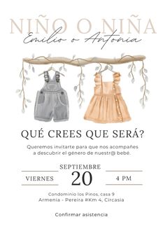 a flyer for a baby shower with two outfits hanging from a clothes line