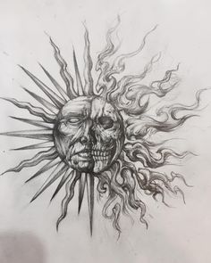 a drawing of a sun face with flames coming out of it