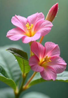 two pink flowers with green leaves in the background