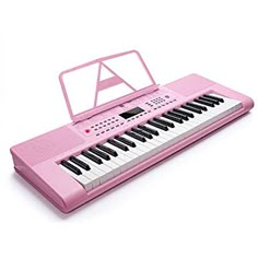 an electronic keyboard with a pink case on it's top and keys in the middle