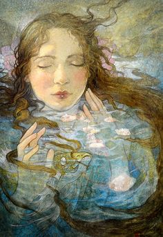 a painting of a woman with her eyes closed and hands on her chest, in the water