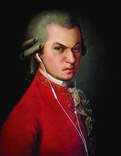 a painting of a man with headphones in his ears and wearing a red coat