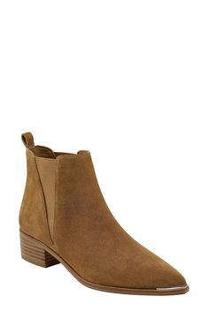 Clean, modern angles are the name of the game on this pointy-toe Chelsea boot that demonstrates poised, everyday sophistication. 1 1/2" heel (size 8.5) 4 1/2" shaft Pull-on style with elastic gore insets Leather and textile or genuine calf hair (USA) upper/leather and textile lining/synthetic sole Imported Women's Shoes Medium Width Suede Chelsea Boots With Pointed Toe, Chelsea Boot Women, Marc Fisher, Calf Hair, Mid Calf, Boot Shoes Women, Knee High, Chelsea Boots, Bootie Boots