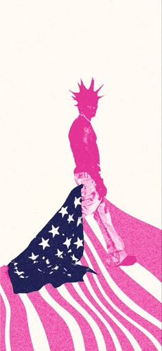 a person standing on top of an american flag in front of a pink sky with stars