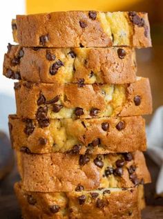 chocolate chip bread stacked on top of each other