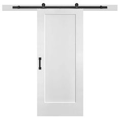 an open white door with black hardware on the bottom and side bars to the top