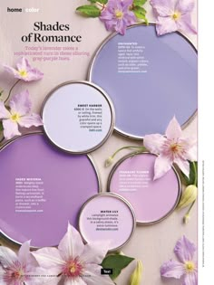 the front cover of home decor magazine showing shades of purple and lilac with flowers