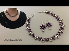 a necklace and earring set with purple beads on the front, and an image of a