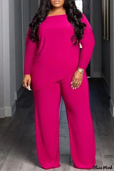 Olivia Mark - Irregular Neckline Long Sleeve Blouse with Matching Wide Leg Pants Blouse And Pants, Maternity Evening Dress, Plus Size Two Piece, Solid Color Pants, Deep Pink, Asymmetrical Tops, Dresses Kids Girl, Plus Size Womens Clothing, Style Mistakes