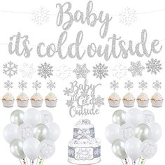 baby it's cold outside party supplies including balloons, cake and cupcakes